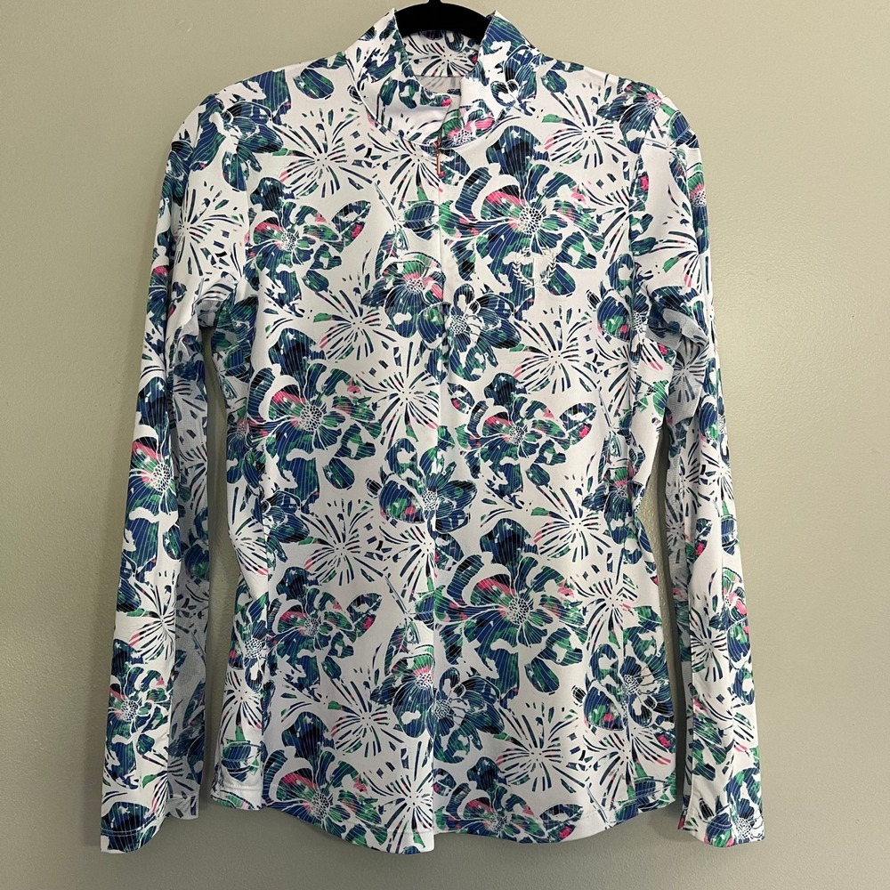 EP New York Womens Floral Quarter Zip Golf Top Long Sleeve Mesh Panels White S